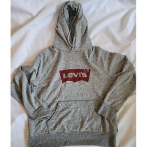 LEVIS HOODIE WOMENS SIZE MEDIUM GRAY RED LOGO‎ PRINT PULLOVER POCKETS